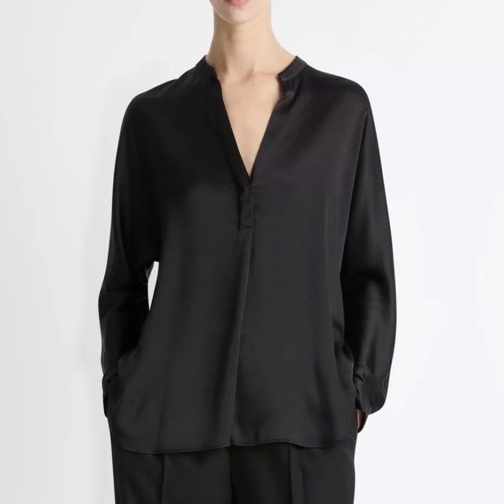 Vince Black 100% Silk Band Collar Split Neck Blouse Long Sleeve Top Large